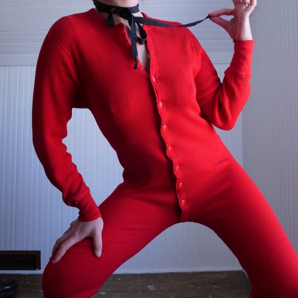 Great vintage 90s red waffle cotton/poly long johns‎ onesie - Picture 6 of 8